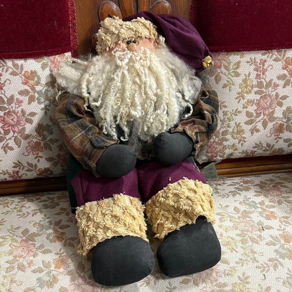 vintage fabric Santa Claus, often used as a shelf sitter/holiday decoration